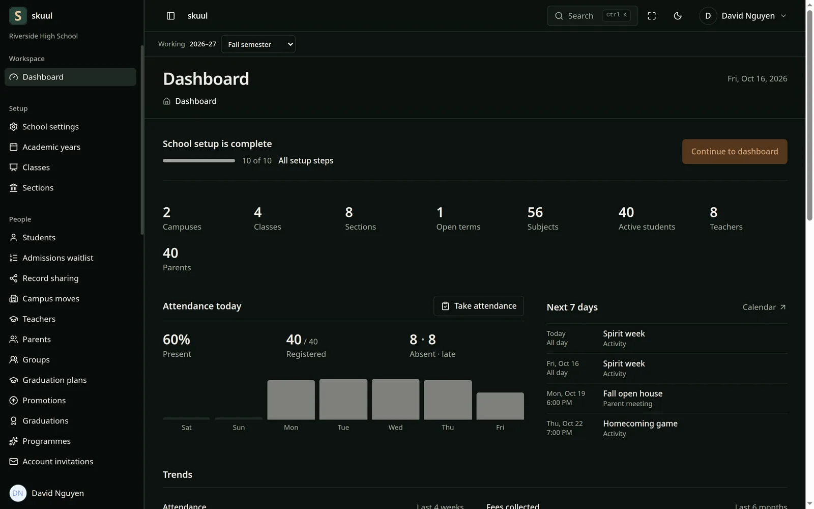 The Skuul administrator dashboard with a sidebar, school setup progress, school totals, and attendance for today in dark mode