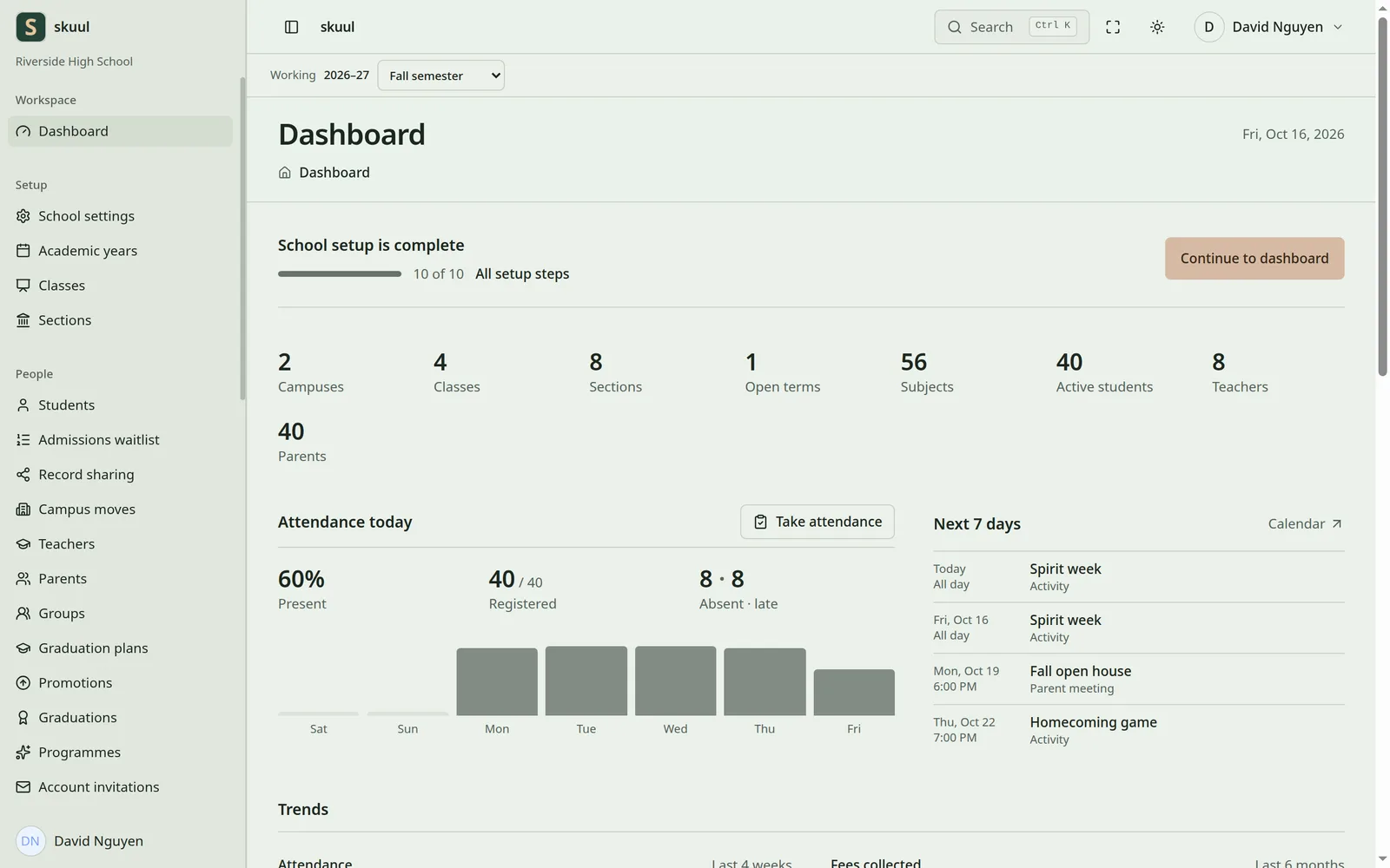 The Skuul administrator dashboard with a sidebar, school setup progress, school totals, and attendance for today in light mode