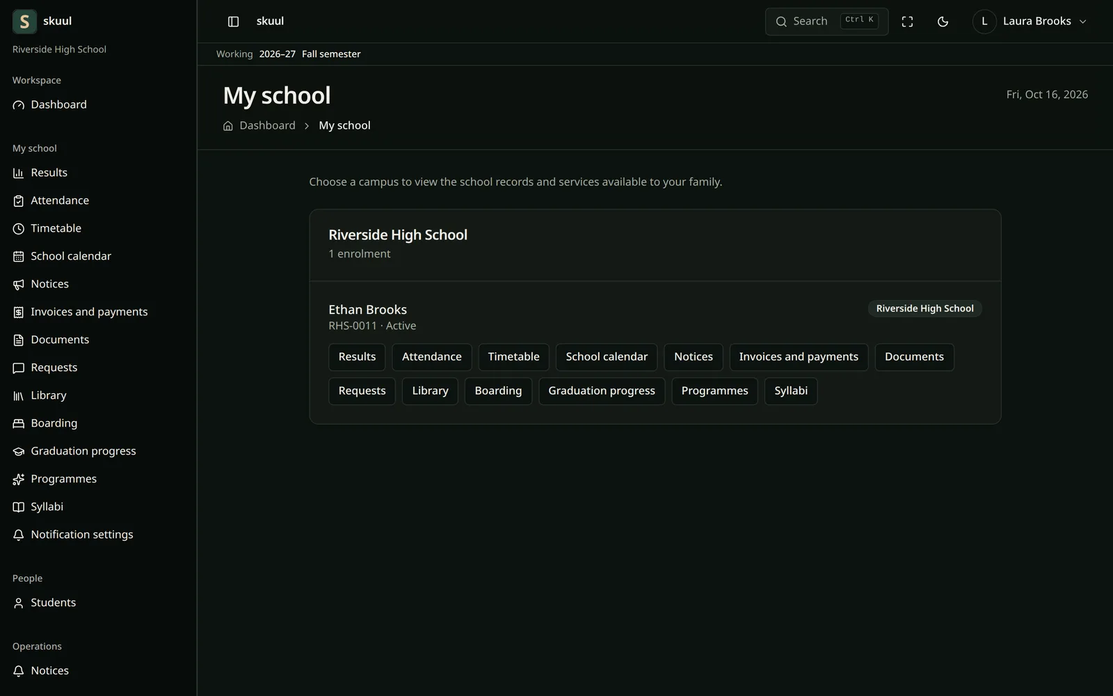 The Skuul family portal for one enrolled child, with its pages listed in the sidebar and as buttons on the page, in dark mode