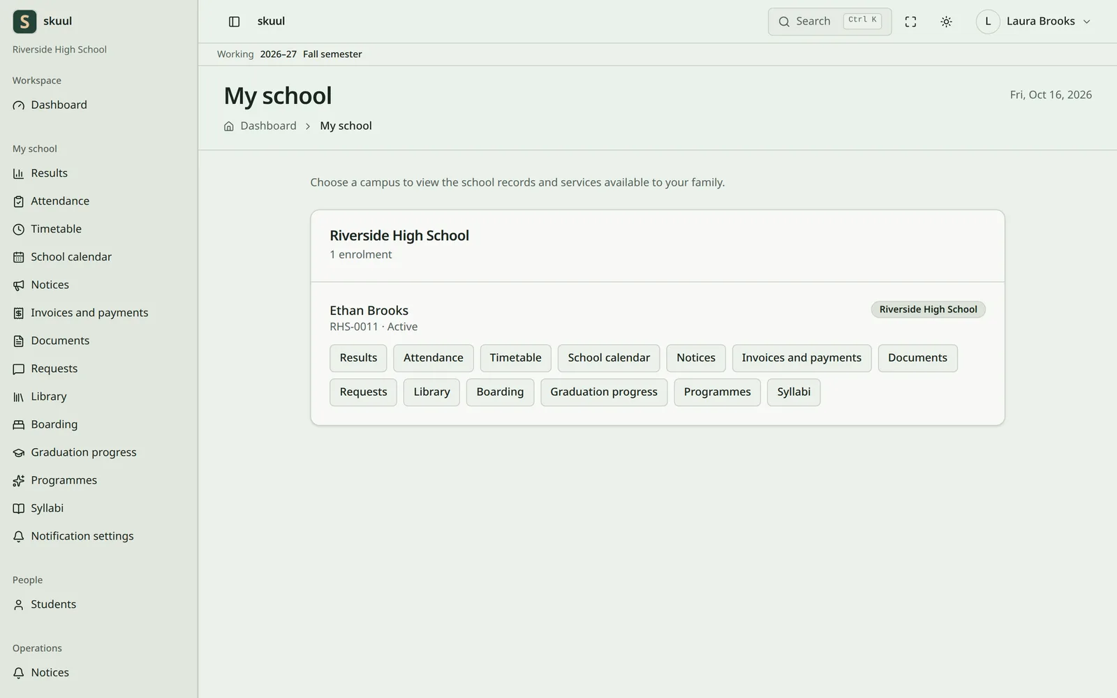 The Skuul family portal for one enrolled child, with its pages listed in the sidebar and as buttons on the page, in light mode
