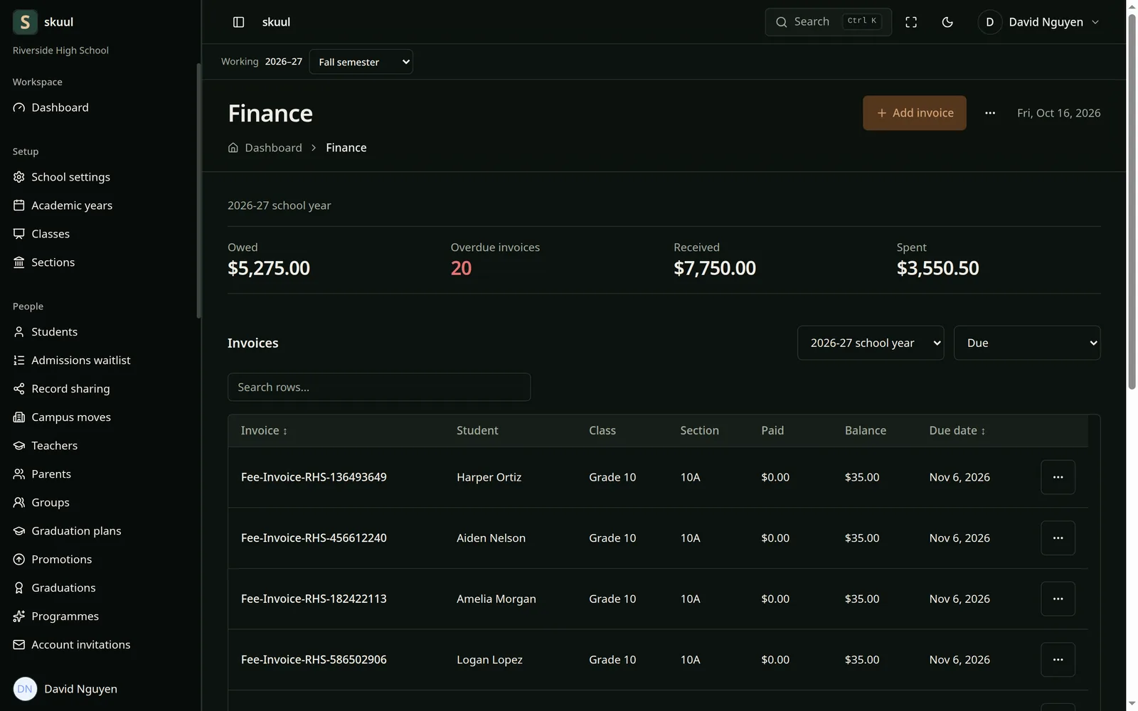 The Skuul finance page with totals for owed, overdue, received, and spent, above a table of invoices, in dark mode