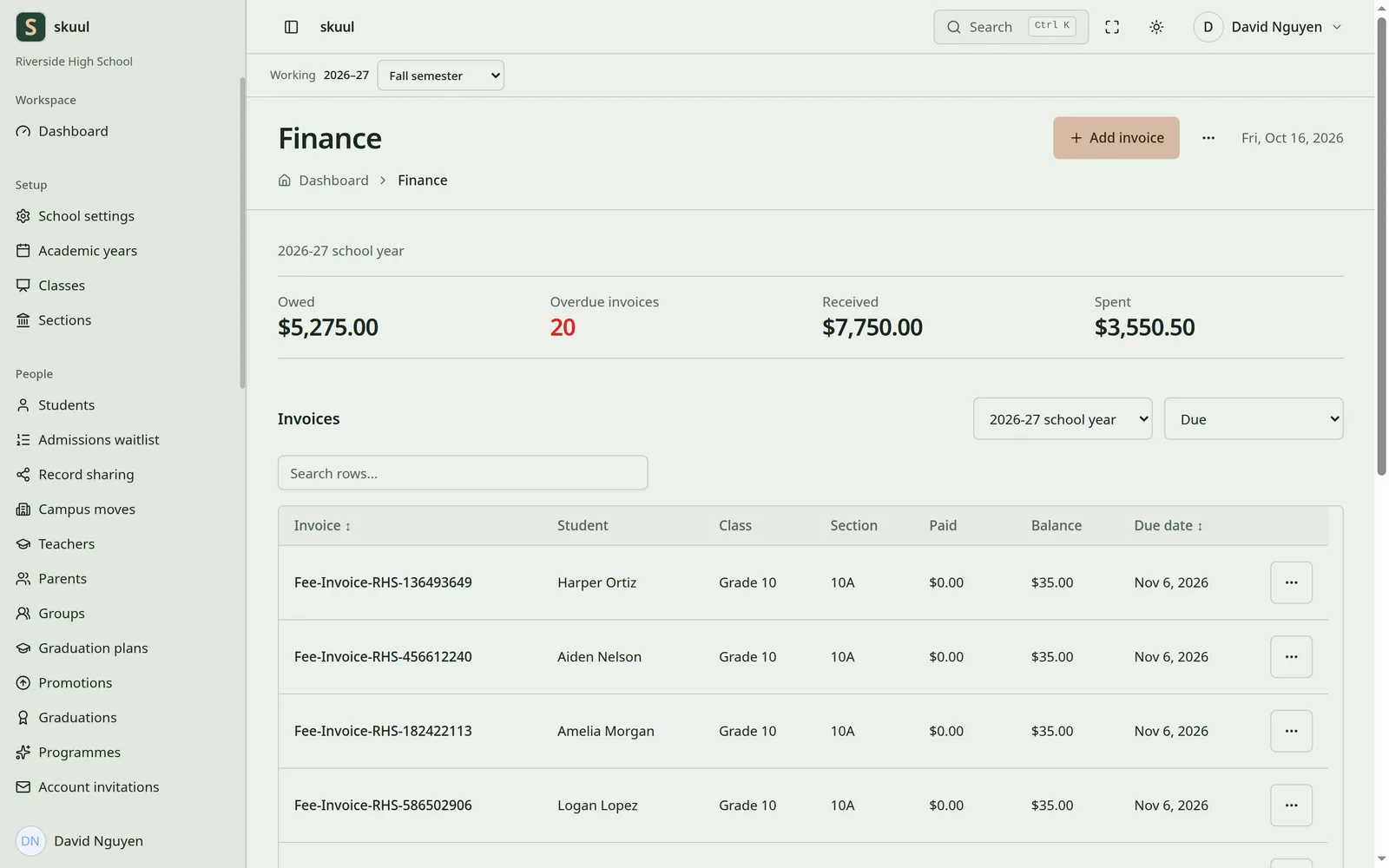 The Skuul finance page with totals for owed, overdue, received, and spent, above a table of invoices, in light mode