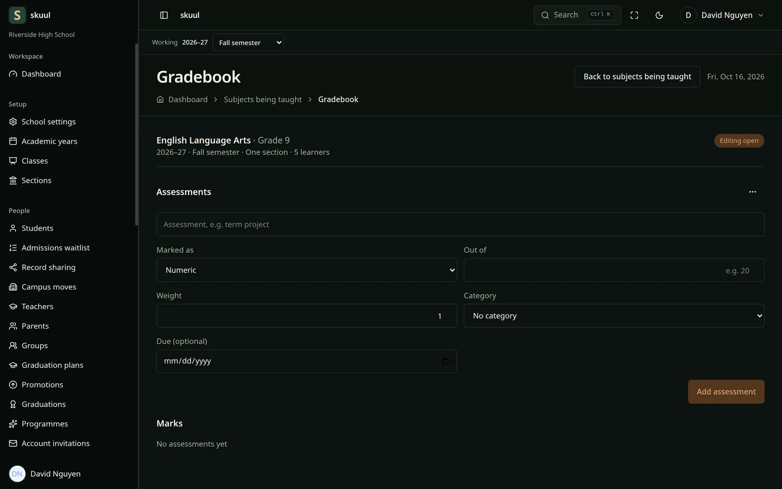 The Skuul gradebook with a form to add an assessment, and an empty marks list, in dark mode