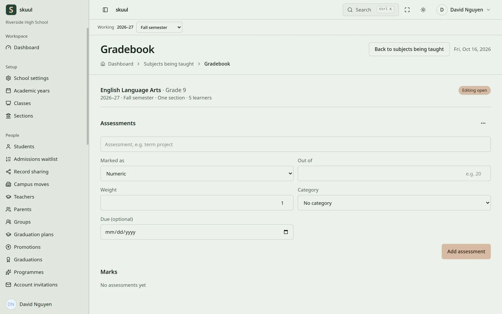 The Skuul gradebook with a form to add an assessment, and an empty marks list, in light mode