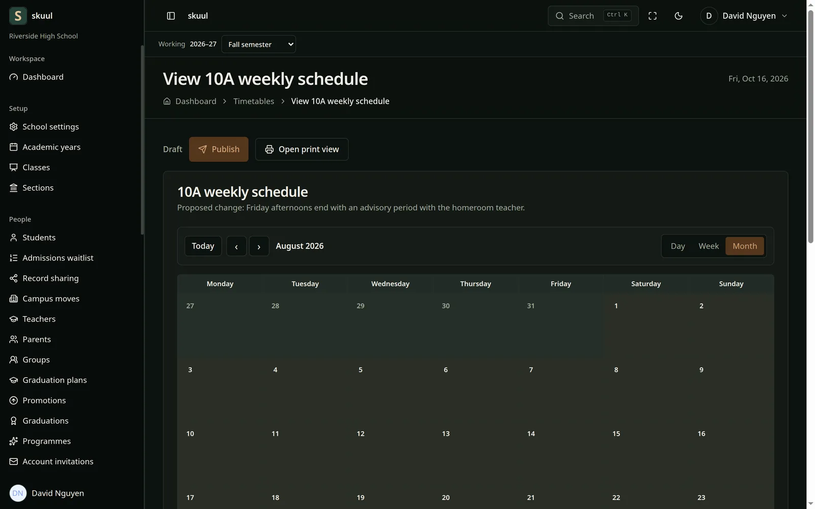 The Skuul timetable showing a draft weekly schedule in a month calendar, with a Publish button, in dark mode
