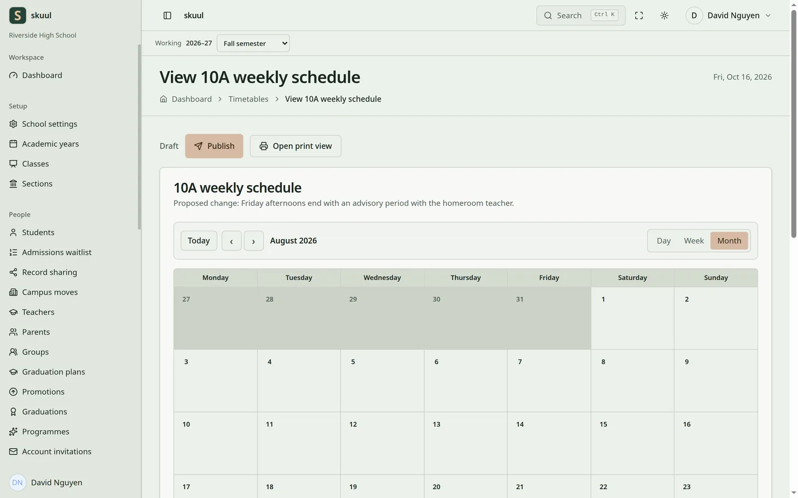 The Skuul timetable showing a draft weekly schedule in a month calendar, with a Publish button, in light mode